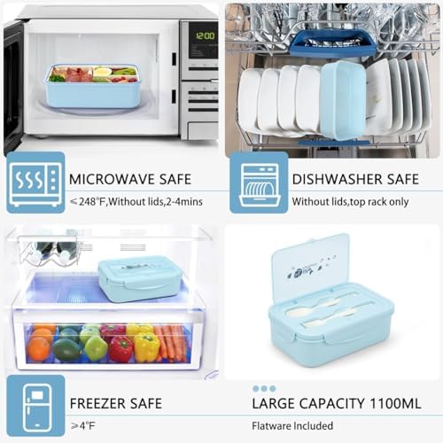 Bento Boxes for Adults - 1100 ML Lunch Box Container For Kids Women With Built-in Spoon & Fork - Durable for On-the-Go Meal, BPA-Free and Food-Safe Materials（Light Blue）