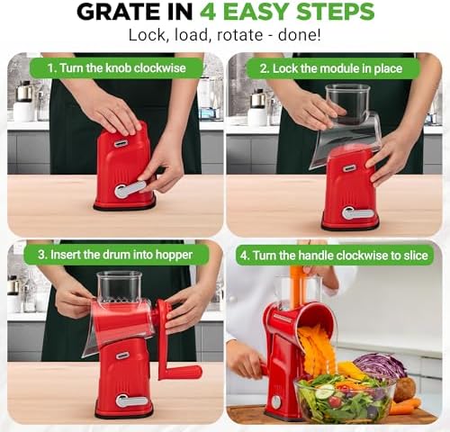 NutriChef 5 in 1 Cheese Grater & Shredder | 5 Different Blades for Thin, Thick, Julienne Strips, Wavy, & Straight Strips | Includes Hand Crank, Strong Suction Base & Storage Container | Red