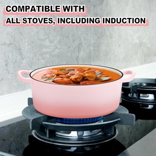 E-far 5QT Oval Dutch Oven Pot with Lid, Pink Enameled Cast Iron Dutch Oven