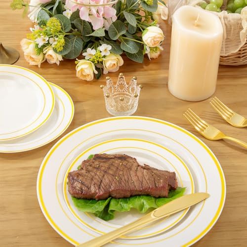 WELLIFE 210PCS Ivory Plastic Plates for 30 Guests - Gold Plastic Plates, Platos Para Fiestas Elegantes Desechables, Disposable Plate for Party and Wedding