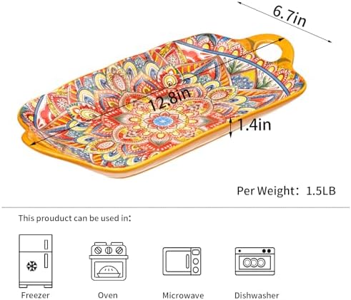Boho Ceramic Serving Platters with Handles Set of 4, 12Inch Large Serving Dishes for Entertaining, Colorful Cute Porcelain Serving Plates for Sandwich, Appetizer, Fruit, Microwave Oven Safe Mix-color