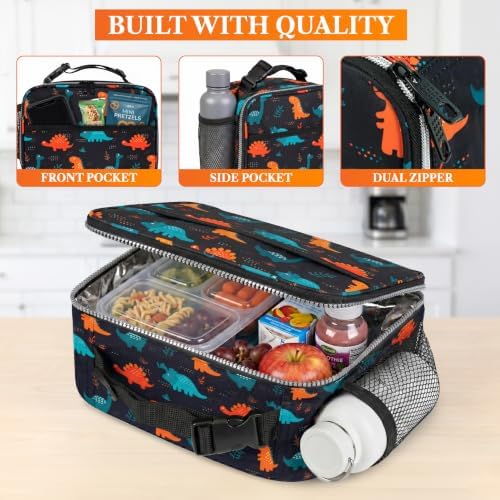 opux Insulated Lunch Bag for Kids, Reusable Lunch Box for School, Dinosaur