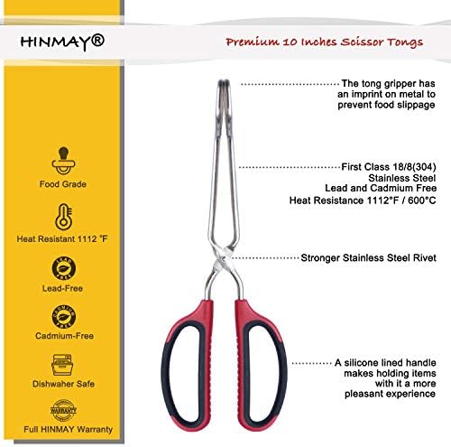 HINMAY Stainless Steel Scissor Tongs with Comfort-Grip Handle 10-Inch