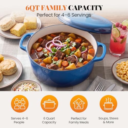 Sweetcrispy 6 Qt Enameled Cast Iron Dutch Oven Pot with Lid, Blue