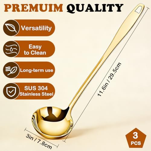 3 Pack Gold Soup Ladle Stainless Steel Serving Spoon with Handle, 11.6 Inch