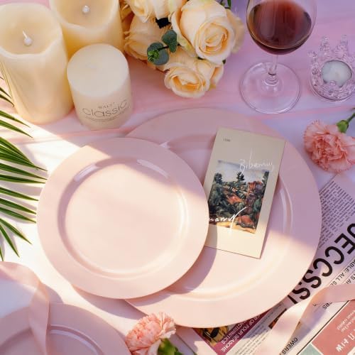 FLOWERCAT 100PCS Pink Plastic Plates - Heavy Duty Pink Party set Disposable serve for 50 guests -10 inch Dinner + 7 inch Dessert/Salad Plates for Easter,Birthday Party,Mother's Day