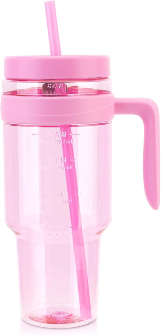 50 oz Clear Plastic Tumblers with Lids and Straws | Leak-Proof BPA-Free Tritan Water Bottle with Time Marker | Reusable Travel Mug for Camping, Sports, Office, Road Trips, Parties | Wide Mouth