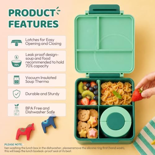 Itslife Bento Lunch Box for Kids with 8oz Soup Thermo&Lunch Bag, Leak-Proof Lunch Food Containers with 4 Compartment, Hot Food Insulated Food Jar for Kids School (Green)