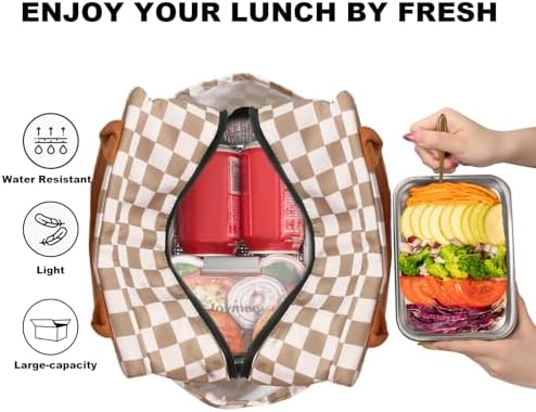 Joymee Lunch Bag Women, Reusable Leakproof Cooler Tote - Checker Brown