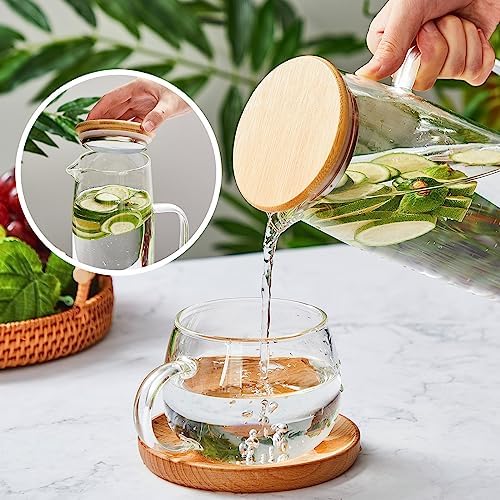 Hsei 2 Sets Glass Pitcher with Lid Water Carafe, Bamboo Lid, 1.5L