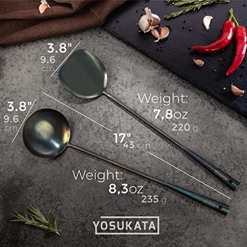 YOSUKATA 17" Blue Carbon Steel Wok Spatula and Ladle, 3 pairs Chopsticks
