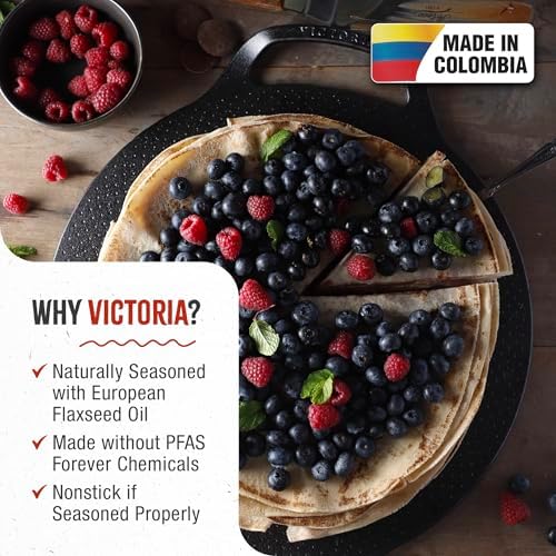 Victoria 15-Inch Cast Iron Comal Pizza Pan with 2 Side Handles, Preseasoned with Flaxseed Oil, Made in Colombia