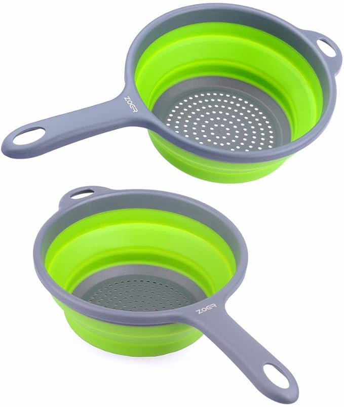 ZOER Kitchen Foldable Pasta Strainers,Collapsible Colanders with Handles,Space-Saver Folding Silicone Strainers Colander,Capacity of 2 quart (Green and Green)