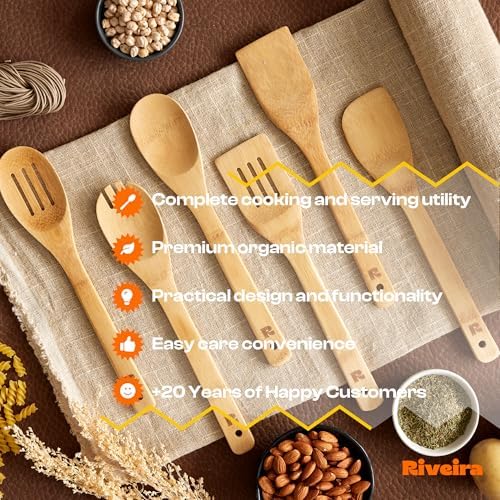 Riveira Bamboo Cooking Spoons 6-Piece – Wooden Cooking Utensils Set with Wooden Spoons for Cooking & Spatulas Wooden Utensil Sets – Premium Kitchen Utensils Set – Durable First Apartment Essentials