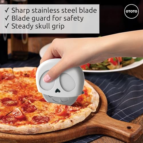 NEW - OTOTO Slice Reaper Pizza Cutter Wheel - Funny Gifts, Grim Reaper Halloween Gifts Cute Kitchen Accessories, Pizza Slicer with Cover, Kitchen Gothic Spooky Gifts, Stainless Steel Handheld (Skull)