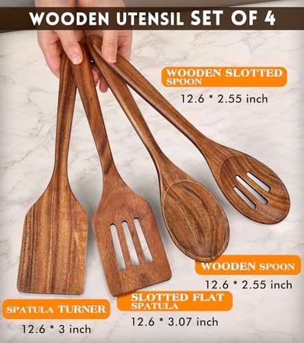 4Pcs Wooden Spatula for Cooking, Acacia Wooden Spatula for Kitchen Use, Nonstick Cookware Safe Utensils Set for Cooking, Mixing, Serving, Draining, Ideal Cooking Utensils Gift