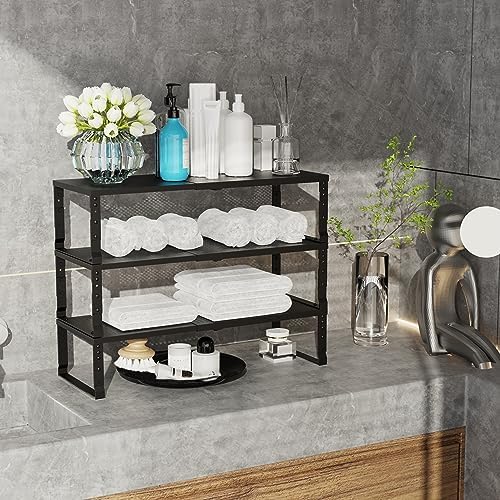 Jojocross Expandable Adjustable Stackable Kitchen Organizer, Spice Rack,Metal Pantry Storage Shelves Racks,Counter Shelf for Cabinets, Countertop, Cupboard(1 Pack/Large/Black)