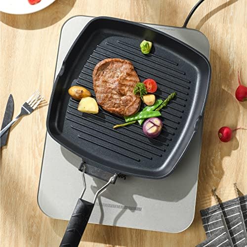 S·KITCHN Grill Pan with Folding Handle, Nonstick Grilling Pan for Stove Tops, Induction Compatible Square KBBQ Pan with Pour Spouts - 9IN