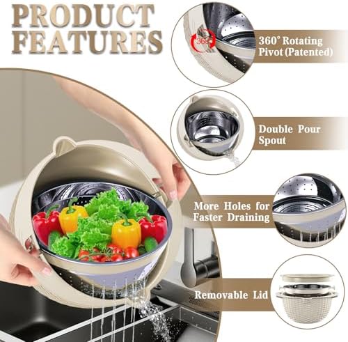 4-in-1 Colander with Bowl Set — Patented 360° Rotatable Strainer Bowl with 3 Graters, Snap-On Lid & Non-Slip Base, Funny Kitchen Present for Women, Aesthetic Pasta Fruit Vegetable Strainer (Beige)