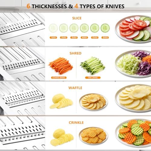 Safe Mandoline Slicer for Kitchen - All in One Adjustable Vegetable Slicer, Waffle Fry Cutter, Mandolin Vegetable Cutter for Potato, French fry, Carrot, Onions, 1 Pair Cut-Resistant Gloves Included