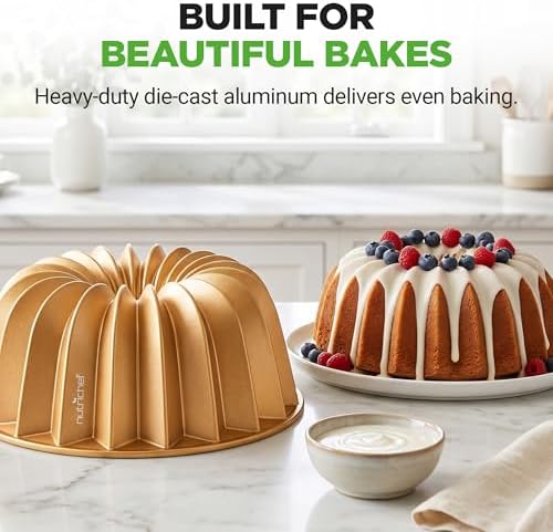 NutriChef Cake Pan - 10 Cups Die Cast Fluted Aluminum Cake Mold, Nonstick for Easy Release and Even Bake, Durable Design, Ideal for Desserts and Casseroles