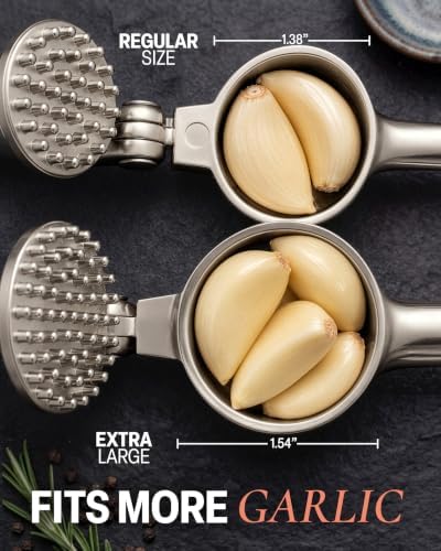 Zulay Kitchen Large Premium Garlic Press Set - Bigger Bowl for Bigger Garlic - Rust Proof Garlic Mincer Tool - Easy-Squeeze, Easy-Clean Silicone Garlic Peeler & Brush (Silver)