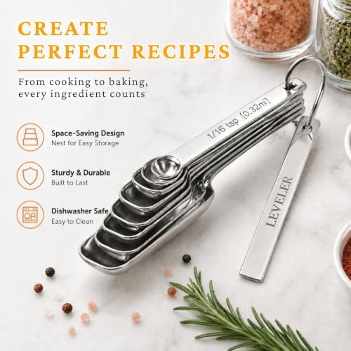 23 Pcs Stainless Steel Measuring Spoons Set with Leveler, Metal Round & Rectangular Spoons plus 5 Mini Teaspoons for Precise Cooking and Baking, Standard Sizes with Clear Engraved Markings