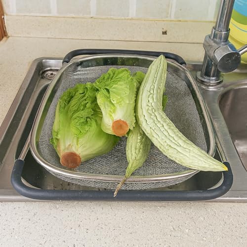 Premium Quality Over The Sink Stainless Steel Oval Colander with Fine Mesh 6 Quart Strainer Basket & Expandable Rubber Grip Handles - Strain, Drain, Rinse Fruits, Vegetables1 (1)