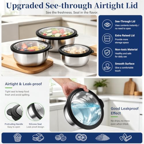 P&P CHEF Mixing Bowls with Lids Set of 3, Black Stainless Steel Salad Bowl