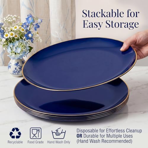 WDF 6PCS Oval Blue Plastic Plates - 10"x12" Navy Blue and Gold Plastic Platters - Heavy Duty Oval Disposable Serving Trays for Parties/Birthday/Weddings/Catering/BBQ
