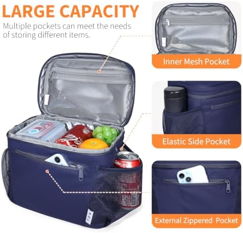 NOL Insulated Lunch Bag for Women Men Adults, Reusable Lunch Tote with Adjustable Shoulder Strap, Leakproof Thermal Food Cooler Bag with Front Pocket and Side Mesh Pockets for Work Travel, Navy blue