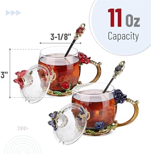 BTaT- Floral Glass Tea Cups with Lids & Spoon Set, Pack of 2, 11 oz, Blue & Red, Flower Design with Gift Box, Fancy Tea Cups, Dishwasher Safe