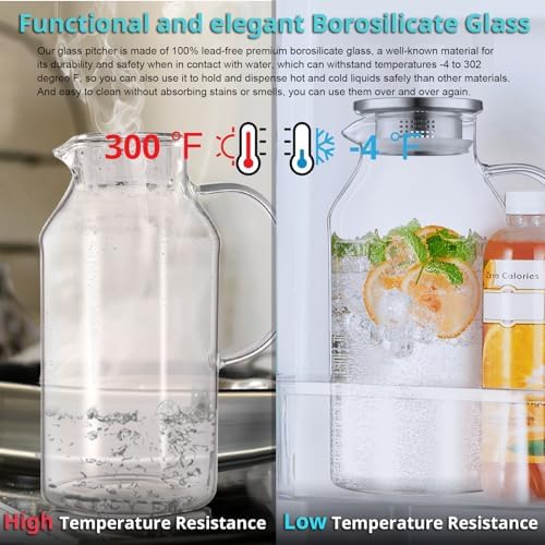 Bivvclaz 3 Liter 101 oz Glass Pitcher with Lid and Handle, Water Pitcher for Fridge, Glass Carafe for Hot/Cold Water, Large Iced Tea Jug for Coffee, Juice and Homemade Beverage