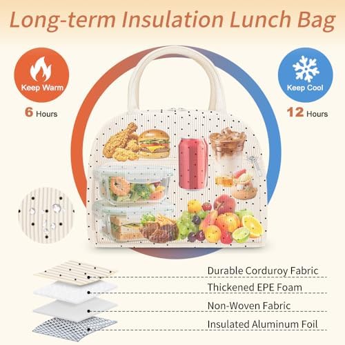 Coobiiya Lunch Bag Lunch Box for Women Men, Reusable Cute Corduroy Lunchbag - Leakproof, Insulated LunchBox Tote with Large Capacity, Dot