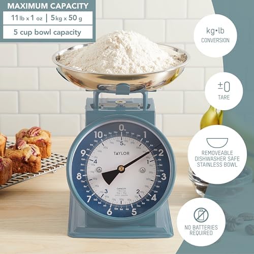 Taylor Mechanical Kitchen Weighing Food Scale with Bowl, Weighs up to 11lbs, Measures in Grams and Ounces, Food Scales for Kitchen, Storm Blue, Mini (Pack of 2)