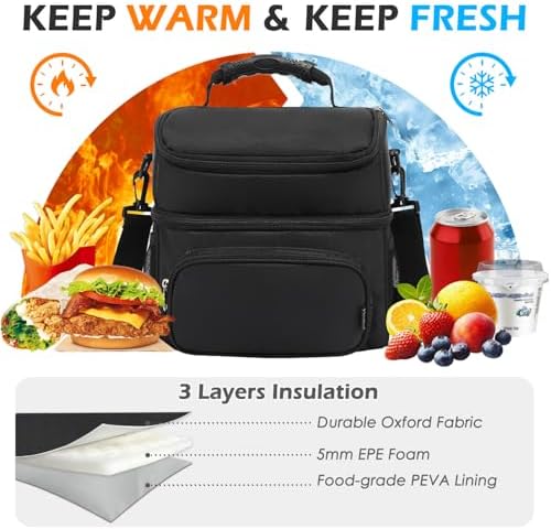 FlowFly Double Layer Cooler Insulated Lunch Bag Adult Lunch Box Large Tote Bag for Men, Women, With Adjustable Strap,Front Pocket and Dual Large Mesh Side Pockets