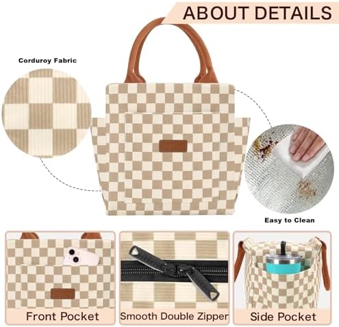 Joymee Lunch Bag for Women Insulated Corduroy Large Capacity- Checker Brown