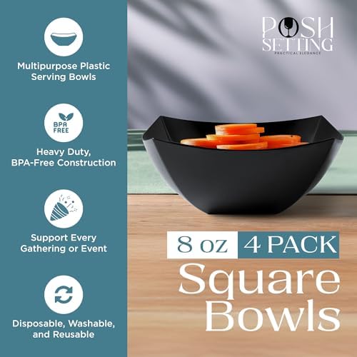4 Pack Disposable Black Plastic Serving Bowls Square Party Candy Use 8oz
