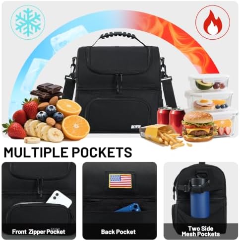 MIER Lunch Box for Men - Dual Compartment Adult Lunch Bag for Work, Black