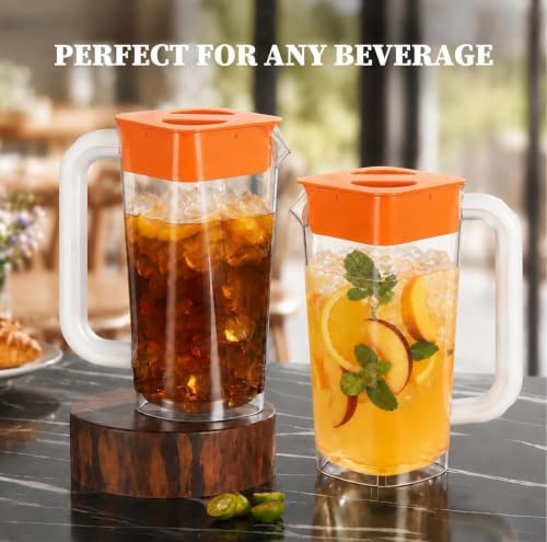 CURTA 2 Pack 2 Liters/68 oz Plastic Pitcher with Lid & Handle for Kitchen,ICED JUICE and Coffee Carafe Beverage Serveware, Acrylic Water Jug for Hot/Cold Drinks&lemonade