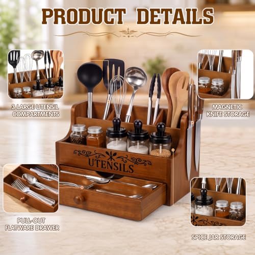 Wooden Kitchen Utensil Holder with Magnetic Knife Block, Brown
