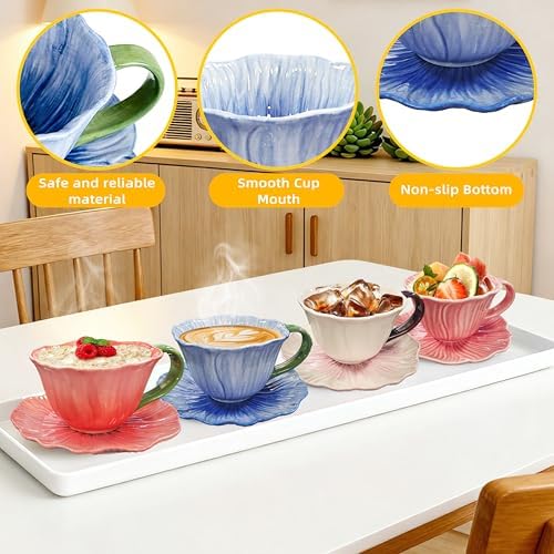 10 oz Tea Cups and Saucers, Ceramic Flower-shaped Cappuccino Cup, Latte Cup and Saucer set, elegant floral Espresso Cup set, Suitable for microwave and dishwasher-Red