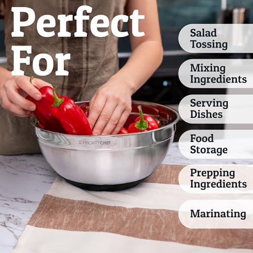 Priority Chef 6Pc Stainless Steel Mixing Bowls with Lids Set, Huge 7 Qrt Size Metal Bowl Set for Kitchen, 3 Graters, Non-Slip Bases & Silicone Utensils Set, Black