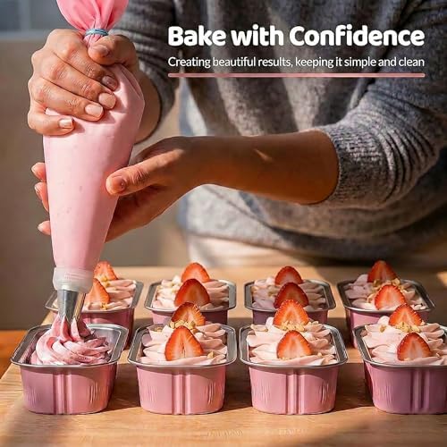 YQER 100 Pack Pink Mini Cake Pans with Lids and Spoons, 6.8oz Disposable Aluminum Foil Mini Loaf Pans Cake Tins with Stickers and Reusable Decorating Set for Small Cakes, Baby Shower, Gift and Parties