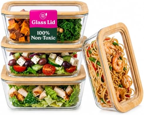 4-Pack Glass Food Storage Containers with Glass Lids & Bamboo Rim – Plastic Free 27 Oz Glass Meal Prep Containers for Lunch, Eco Friendly Airtight Food Storage, Microwave & Oven Safe