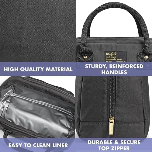 Fit & Fresh Bloomington Lunch Bag for Women - Insulated Large Lunch Box for Work with Containers, Leak-Resistant, Stain-Resistant, Zipper Closure, Black