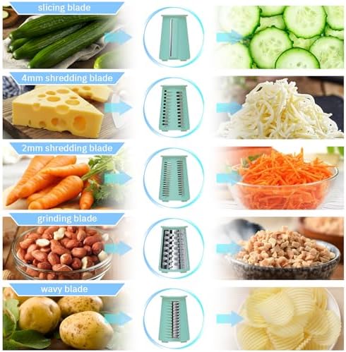 ENERGEVITY Hand Crank Rotary Cheese Grater, 5-in-1 Vegetable Slicer (Green)