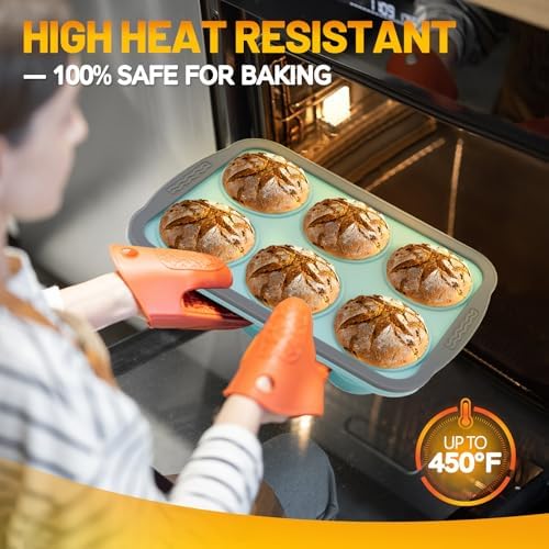Silicone Muffin Pan, 6 Cups Non-Stick Cupcake Pan, Food-Grade BPA-Free Muffin Tin, Oven-Safe 450 °F, Reinforced Steel Frame, Easy-Grab Handles, Quick-Release 2.7" Baking Molds for Mini Treats