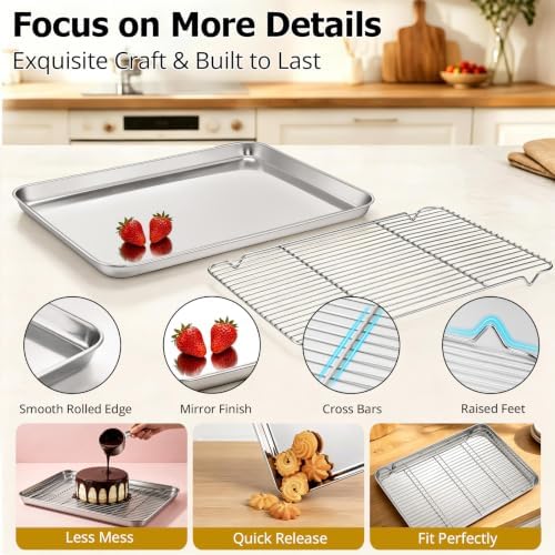 Onader Large Baking Cookie Sheet with Cooling Rack Set, Stainless Steel Baking Sheet Pan, 19⅝ x 13¾ Inch Metal Oven Baking Tray, Nonstick & 1 Inch Deep, 2-Pack (Includes 2 Pans + 2 Racks)