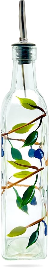 Glass Olive Branch Oil/Vinegar Glass Cruet for Kitchen, 16 oz Olive Oil Dispenser With Stainless Steel Spout for Easy Pouring